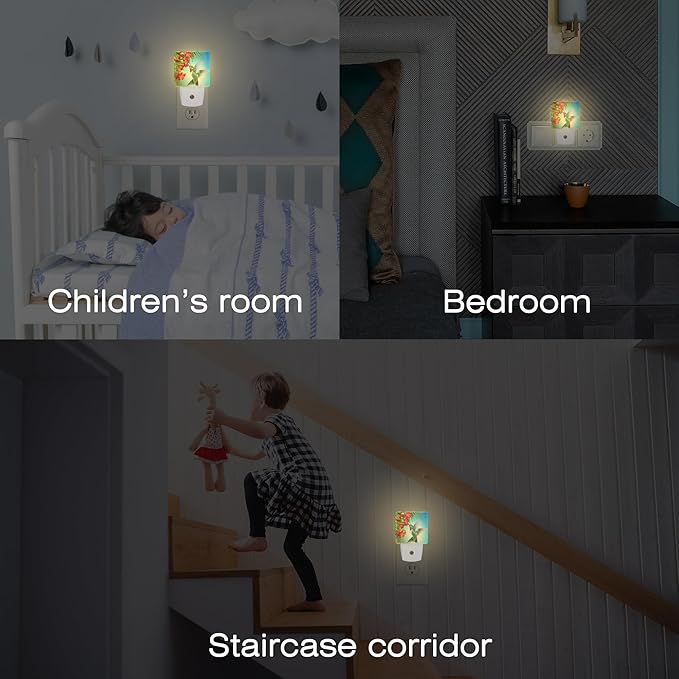 Hummingbird with Flowers Night Light for Kids,Red Tropical Floral Leaves Hummingbird Night Light Plug in with Dusk to Dawn Sensor,0.5w Energy Saving Nightlight for Hallway Stairway Kitchen Bedroom