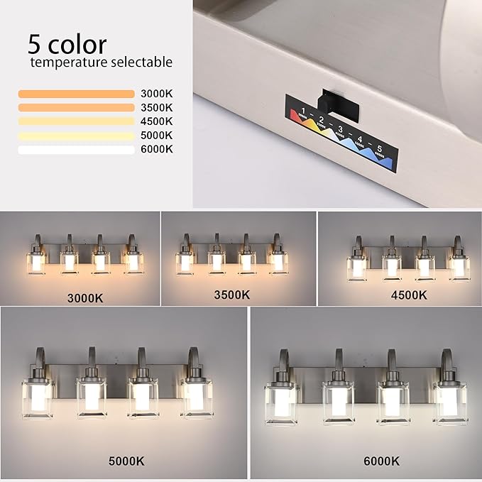 5-Light Brushed Nickel Vanity Light Fixtures, Modern LED Bathroom Wall Lights for Dressing Room, Integrated LED Chips with Frosted Column & Clear Square Glass Shades, Energy Saving Wall Sconce