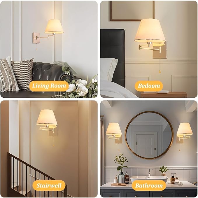 Swing Arm Wall Lamp Indoor Wall Sconce Lighting with White Fabric Shade Reading Wall Light Fixture with On/Off Switch for Living Room Doorway Study Room Bedroom Bedside