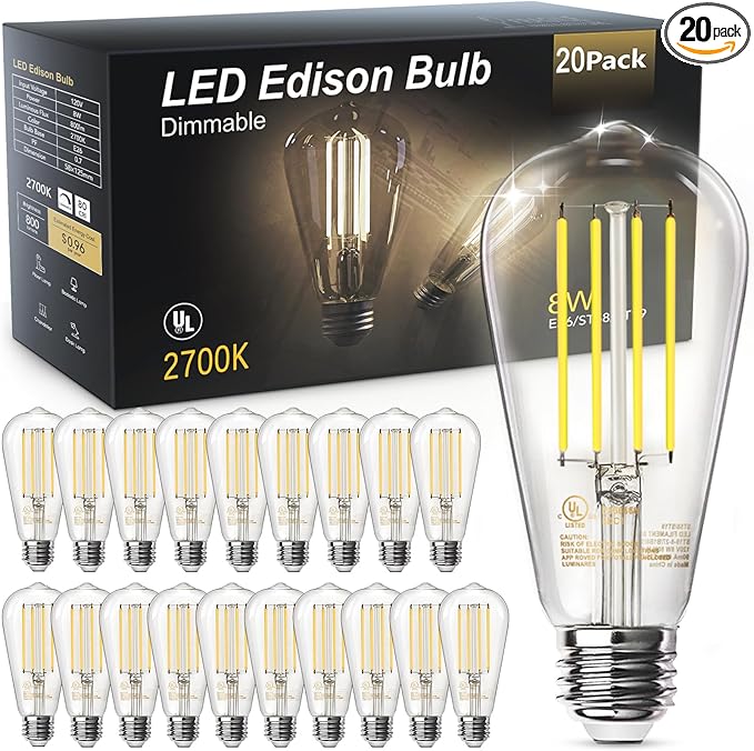 TJOY 20 Pack Vintage 8W ST58 LED Edison Light Bulbs, Dimmable, 60W Equivalent, 800Lumens, 2700K Warm White, E26 Base LED Filament Bulb, CRI80+, Antique Glass Style for Home, Bedroom, Office, Farmhouse
