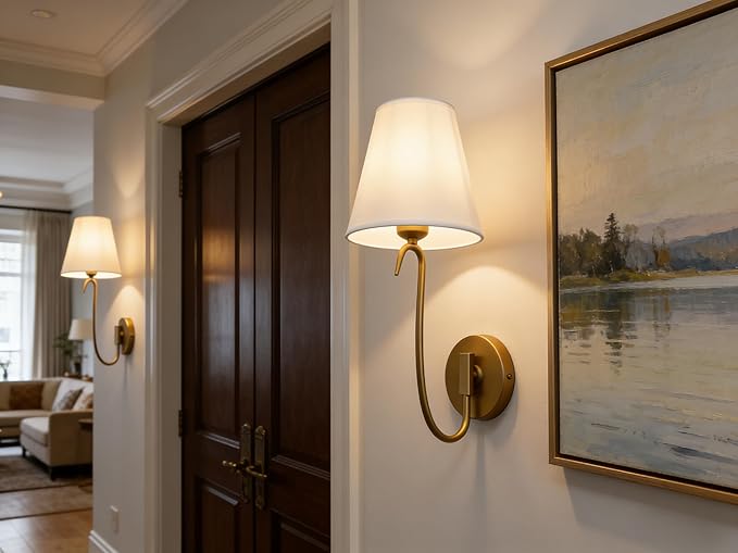 PERMO Antique Wall Sconce with White Fabric Shade, E26 Hardwired Wall Light, Goose-Neck Design for Bedroom, Living Room, Hallway
