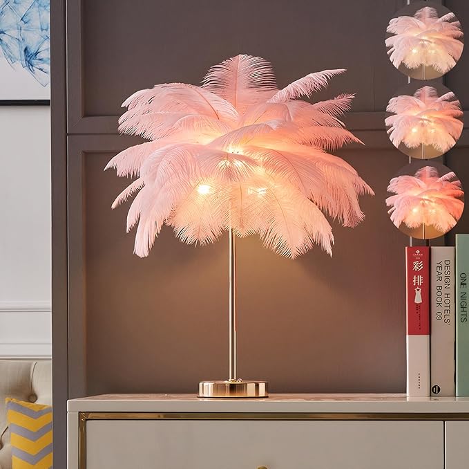 White Ostrich Feather Lamp,3-Color Temperature Modes,40 Feathers and 5 G4 LED Light Bulbs,Pink Lamp for Girl's Bedside,Golden Base (Light Pink)