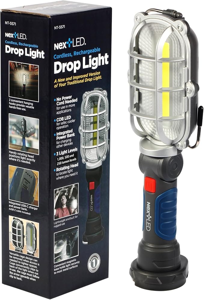 (Improved) NextLED NT-5571 Rechargeable Magnetic LED Work Light, 1000 LM Trouble Light, Cordless LED Drop Light, Mechanic Flashlight for Garage, Enhanced Magnetic Base & Hook, Automotive Tasks