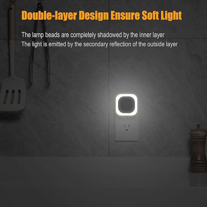 4 Pack Daylight White Night Light, Gentle Eye-Care with Dimmable Wide-Glow & Indirect Reflection, Auto Dusk to Dawn Sensor, Plug in for Kitchen Counter, Garage Workshop, Laundry, Hallway