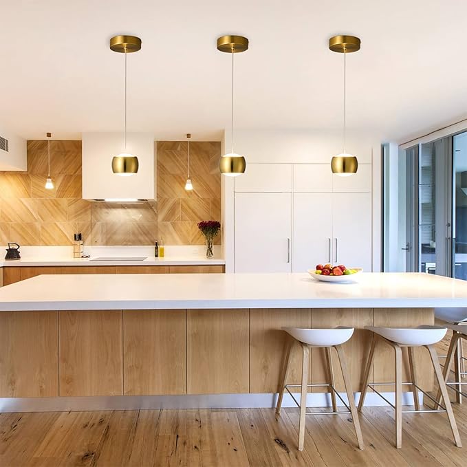 Modern LED Dimmable Pendant Light fixtures,Mini Island Pendant Lighting for Kitchen Island Dinning Room,Bedroom,Bar, Kitchen Island Ceiling Hanging Light Fixtures(gold-3-Pack)