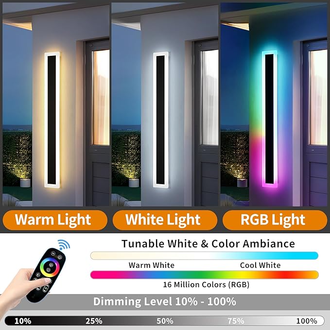Mikeru Upgraded Widened RGB Long LED Wall Lights, 2Pack 23.6inch Outdoor Sconces RGB/Warm/White Dimmable Outdoor Wall Lights Exterior Front Porch Light Ip65 Waterproof Wall Sconce with Remote Control