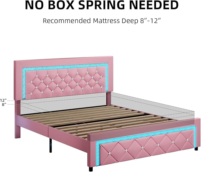 Full Bed Frames with LED Lights, Upholstered Platform Bed with Diamond Tufted Headboard, No Box Spring Needed, Noise Free, Easy Assembly, Pink
