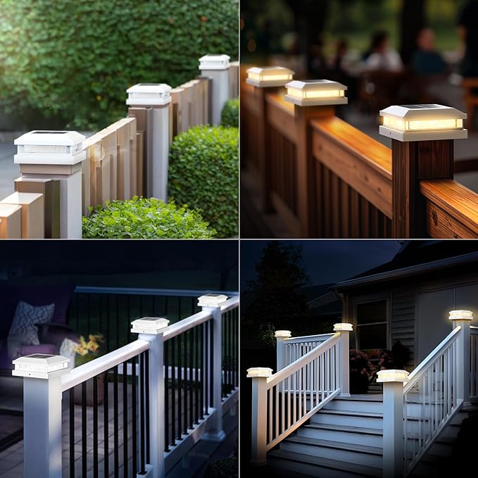 Solar Post Cap Lights Outdoor 16 Packs for 4x4 4.5x4.5 5x5 Vinyl/Wooden Posts, Waterproof Solar Powered Fence Cap Light with Warm/Cool Lighting, White 16LEDs Deck Caps Lights for Yard, Garden, Patio