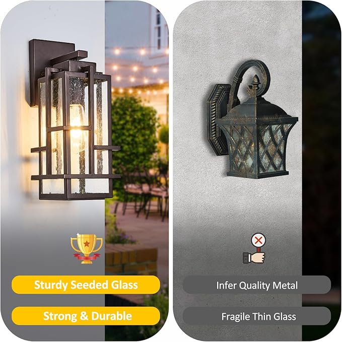 Outdoor Wall Light Fixture with Seeded Tempered Glass, Large Waterproof Outside Wall Coach Lantern with E26 Sockets, Brown Porch Sconces Lamp for House, Patio, Garage