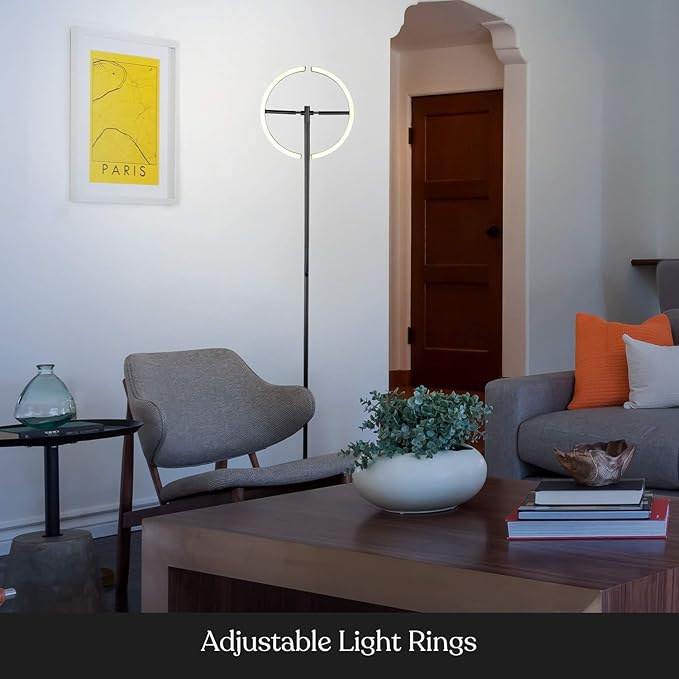 Brightech Halo Split Modern Bright LED Torchiere Floor Lamp for Offices - Dimmable, Tall Standing Lamp for Living Room or Bedroom - Adjustable Light w/Rotating Angles - Jet Black
