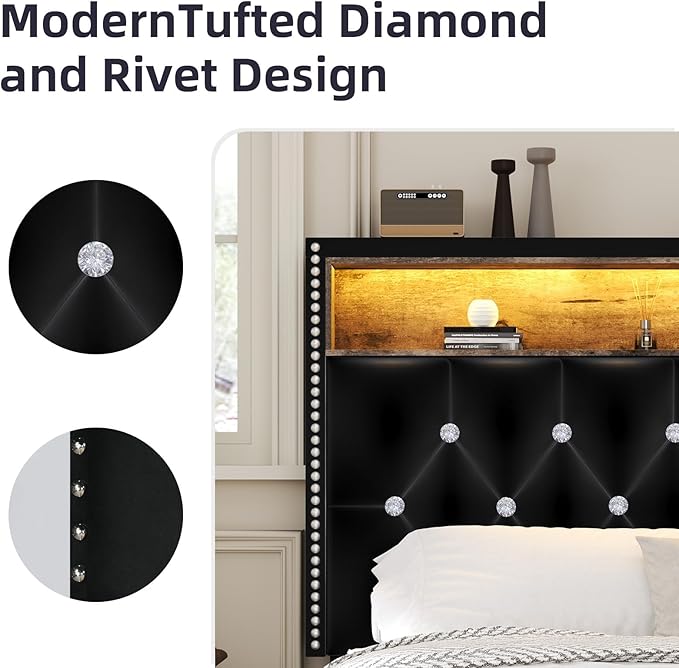 Queen Size Bed Frame with LED Lights and Headboard, Velvet Upholstered Bed Frames Queen with Charging Station and Storage, Modern Diamond and Rivet Design, No Box Spring Needed, Easy Assembly, Black