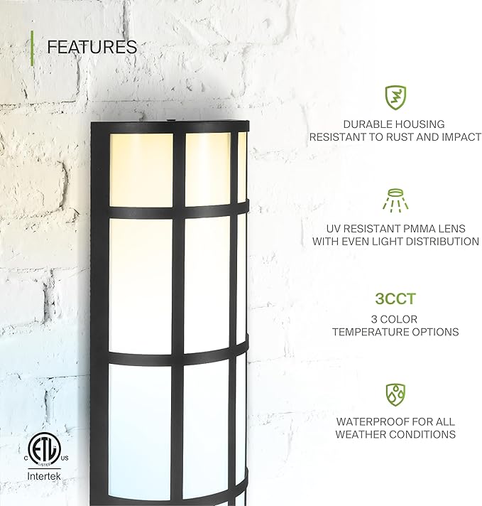 ASD 36 Inch LED Outdoor Wall Mount Light Fixture with Grid - Matte Black Modern Wall Sconce - 30W 120-277V 3000K 4000K 5000K Adjustable - Dimmable Exterior Lights - Front Door, Patio - ETL
