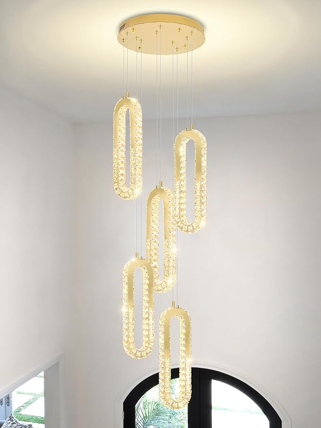 5-Lights Modern Crystal Chandelier for High Ceiling LED Dimmable Ring Pendant Chandeliers Stairwell Chandelier Lighting Gold