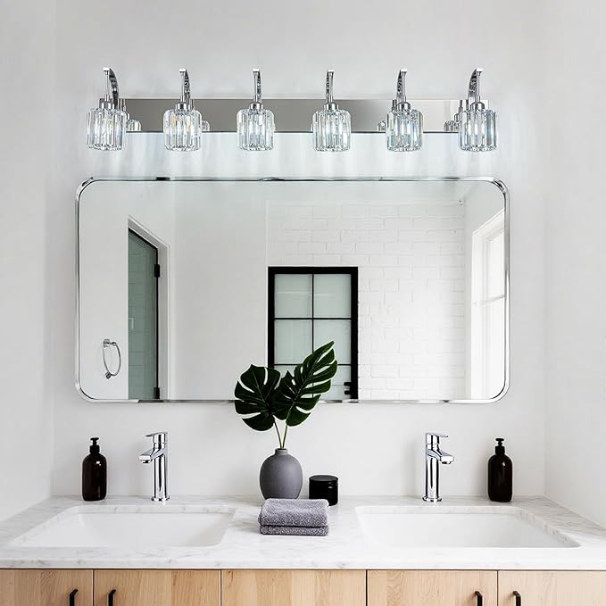 6-Light Crystal Vanity Light, Chrome Modern Wall Sconce with K9 Crystal Shades, 51.18" Long Over Mirror Lighting for Bathroom, Makeup, Hallway, Elegant & Easy Install