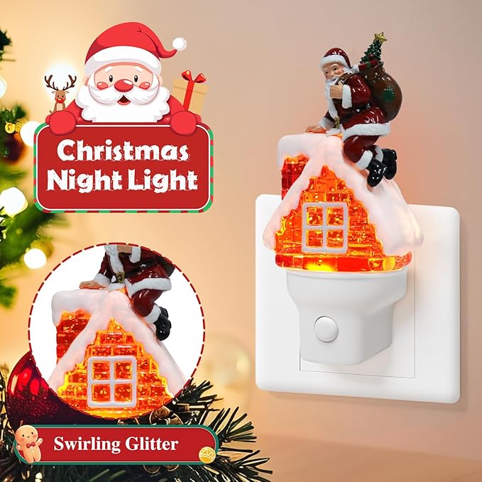 Christmas Santa Night Light Plug into Wall Glitter Water Nightlight with USB/Outlet Options, Christmas Decorative Nightlight for Bedroom Kitchen Nursery Hallway Holiday Decorations Gifts (Santa)