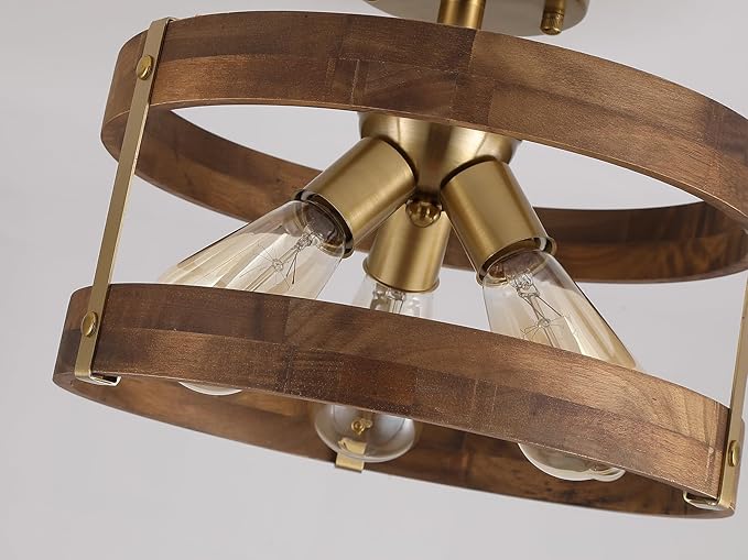 3-Light Rustic Farmhouse Wood Flush Mount Ceiling Light Fixture 12.59 inch Oak Wood and Metal Round Drum Semi Flush Mount Ceiling Light for Hallway Entry Bedroom Kitchen Hall Farmhouse, Antique Gold