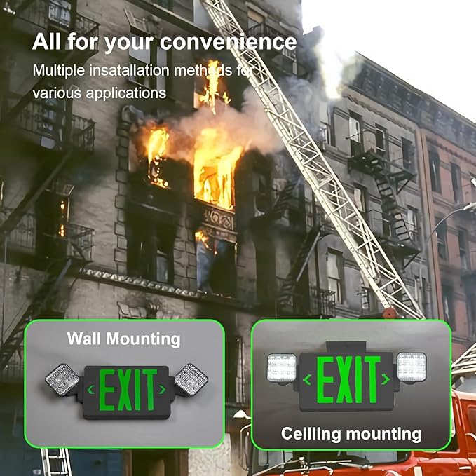 CM MZY Black Housing Exit Sign with Emergency Light, Green Exit Signs with Battery Backup, Exit Light Combo for Business, Two Adjustable Square Head,US Standards,UL Certified, 120V/277V AC, 2 Pack