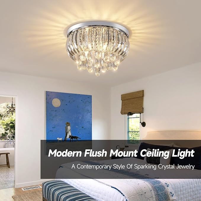 Modern Crystal Chandelier 15.7 Inch,5-Lights Chrome Crystal Flush Mount LED K9 Chandeliers Light Fixture for Bedroom Dining Living Room Hallway E12
