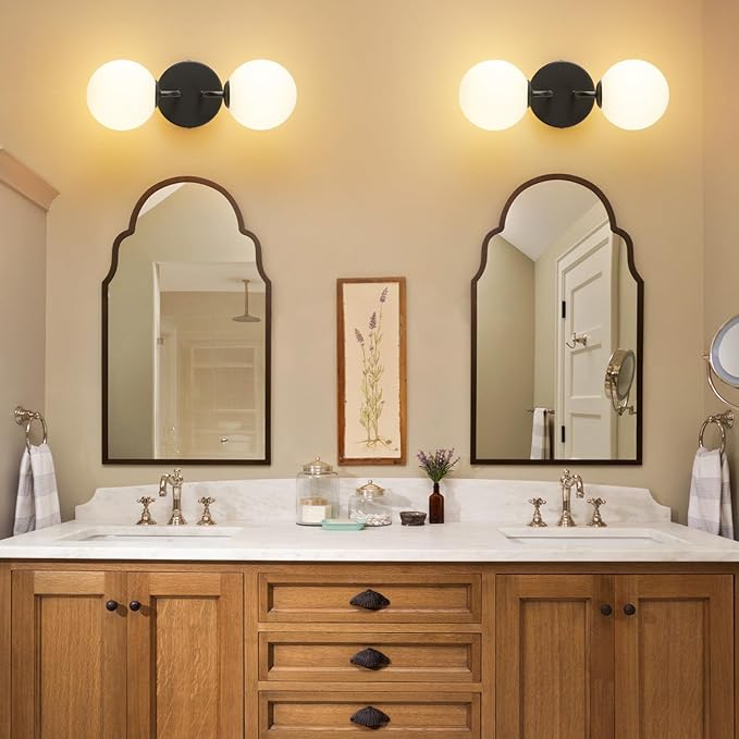 Wall Sconce Set of Two Globe Glass Black Vanity Lights Modern Globe Wall Light Mid Century Wall Sconce 2 Light for Bathroom Vanity Light Mirror Living Room Bedside Living Room (Bulbs Not Included)