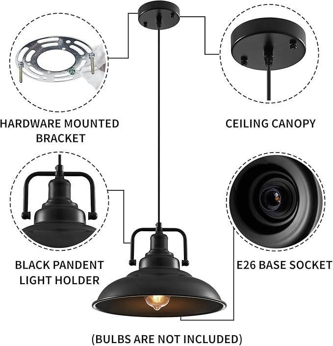 Black Pendant Light 12.5 inches 3 Packs, Farmhouse Pendant Light, Industrial Pendant Lighting, Kitchen Pendant Lights, Pendant Lights Kitchen Island for Dinning Room Entryway Barn
