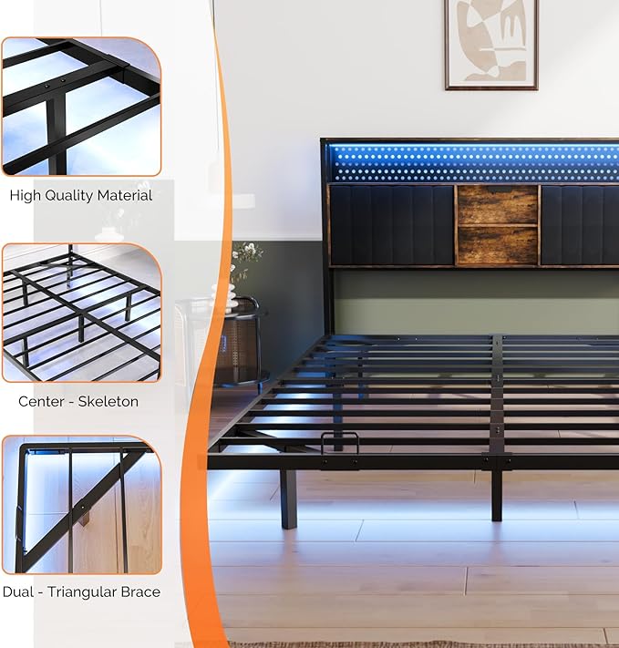 VINGLI Queen Size Floating Bed Frame with LED Lights and Charging Station, Cozy Hidden Storage Velvet Upholstered Bookcase Headboard,No Box Spring Needed,Easy Assembly,Black
