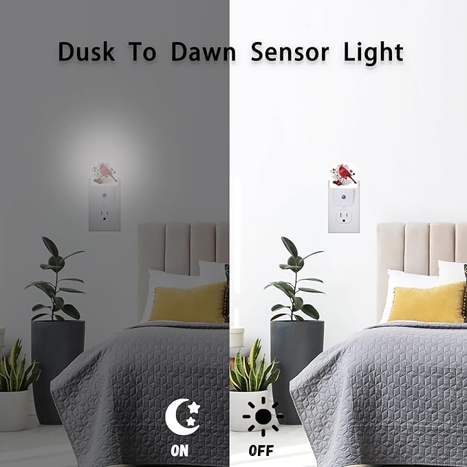 Bird Cardinal Night Lights Plug into Wall for Girls Boys Room,Night Light LED Lamp Dusk to Dawn Sensor Round Lamp for Bedroom Bathroom Hallway Home Wall Decor (Bird Cardinal)