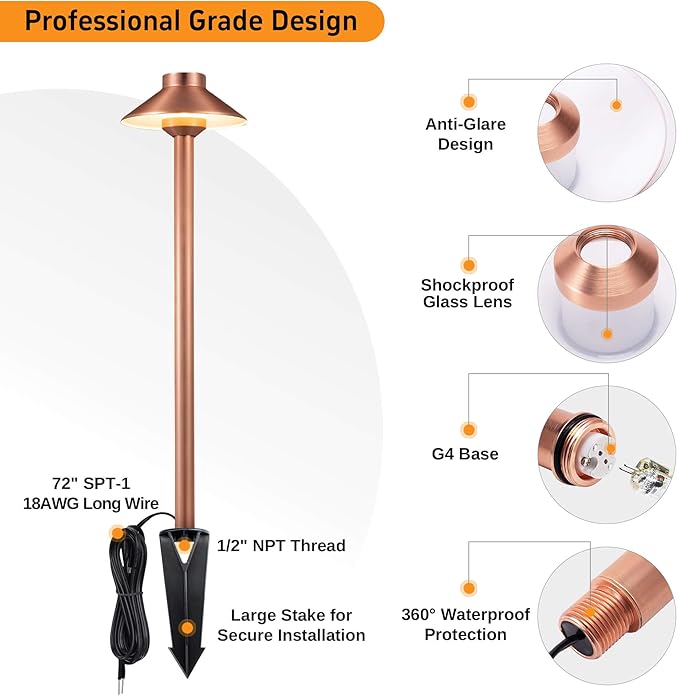 Gardenreet Brass Copper Low Voltage Pathway Lights, Waterproof Landscape Outdoor Path Light, 12V LED Bronze Hat Top Driveway Lamp for Garden Yard House with 3W 270LM 4000K G4 Bulb 6 Pack