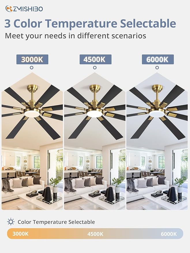 ZMISHIBO 80 Inch Black and Gold Ceiling Fans with Lights and Remote, Indoor/Outdoor Ceiling Fan for Patio Living Room, 6 Speed Reversible Quiet DC Motor, 3 CCT, Dual Finish Blades