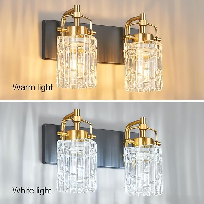 Modern 2-Light Vanity Light with Crystal Glass Shade - Black Gold Bathroom Light Fixtures Over Mirror
