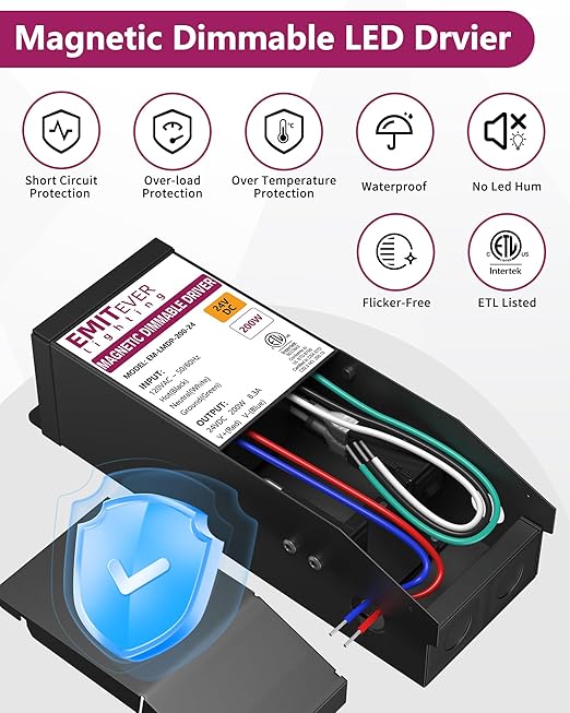 EMITEVER 200W Magnetic Dimmable LED Drvier, 24V Transformer Magnetic Power Supply 120VAC to 24VDC, Compatible with Lutron and Leviton Dimmer, for LED Strip Light,Kitchen,Cabinet,ETL Listed