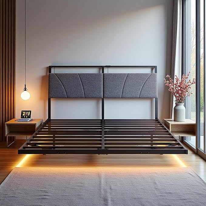 HOJINLINERO Floating Queen Bed Frame with Headboard&Storage Shelf,Ergonomic Queen Size Bed Frame with USB Charging& LED Lights,Platform Bed Frame Noise-Free Metal Slats | Modern Bedroom Design