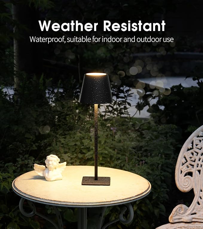 UME Cordless Table Lamp, Battery Operated Lamp - Portable Waterproof Rechargeable Table Lamp w/ 3 Color Temps & Stepless Dimming for Dinner, Desk, Cafe, Outdoor (Black)
