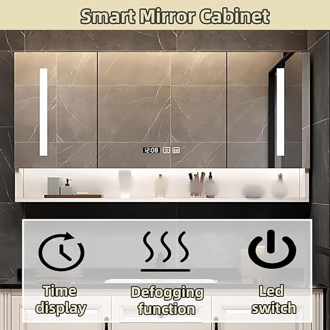 56IN Bathroom Vanity with Single Sink - Open Style Storage Shelves & Side Cabinets | Wall Mounted Bathroom Vanities Set, Time Display Mirror Cabinet Includes Defogging & Lighting Functions (Style B)