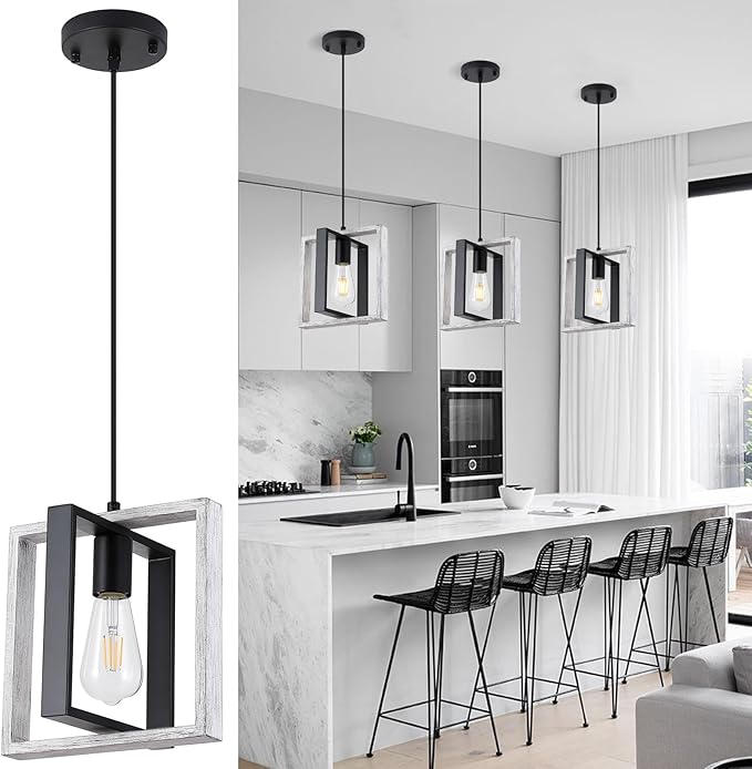 9MMML Wood Pendant Light Kitchen Island, Farmhouse Hanging Lamp with 62'' Height Adjustable Cord, Small Ceiling Pendant Light Fixture for Dining Room, Entryway, Foyer