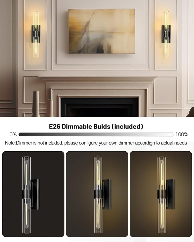 Bathroom Black Vanity Wall Sconces, 2-Light Glass Tube Wall Sconces, 24" Sconces Wall Lighting, Horizontal or Vertical Linear Vanity Light,Bathroom Vanity Light,E26 Bulb Included