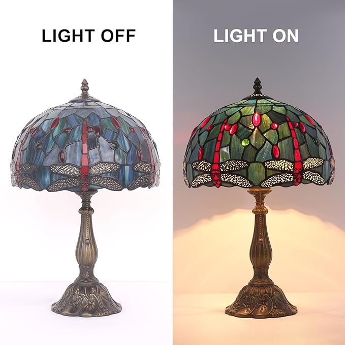 Stained Glass Table Lamp,12x12x19 Inch Antique Table Lamp for Tiffany Style Bedroom、Living Room、Home、Office Decor Lamp(Red Dragonfly)