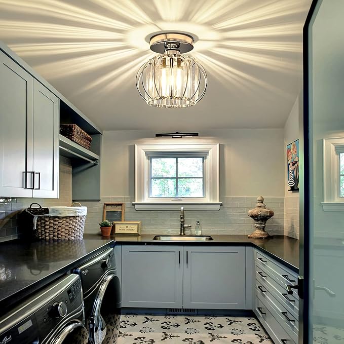 YYJLX Modern Semi Flush Mount Ceiling Light Fixture E26 Mini Crystal Chandelier Chrome Small Ceiling Lamp for Entryway Bedroom Bathroom Hallway Closet Foyer （Silver