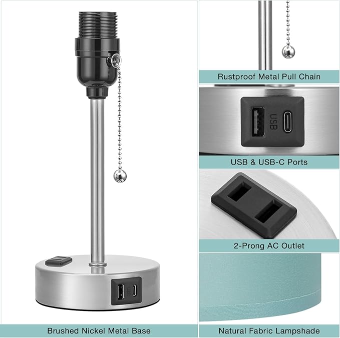 Dicoool Teal Bedside Lamp for Nightstand - 3 Color Temperature Table Lamp with USB C and A Ports, Pull Chain Lamp for Bedroom with AC Outlet, Coastal Desk Lamp with Silver Metal Base for Kids Girls