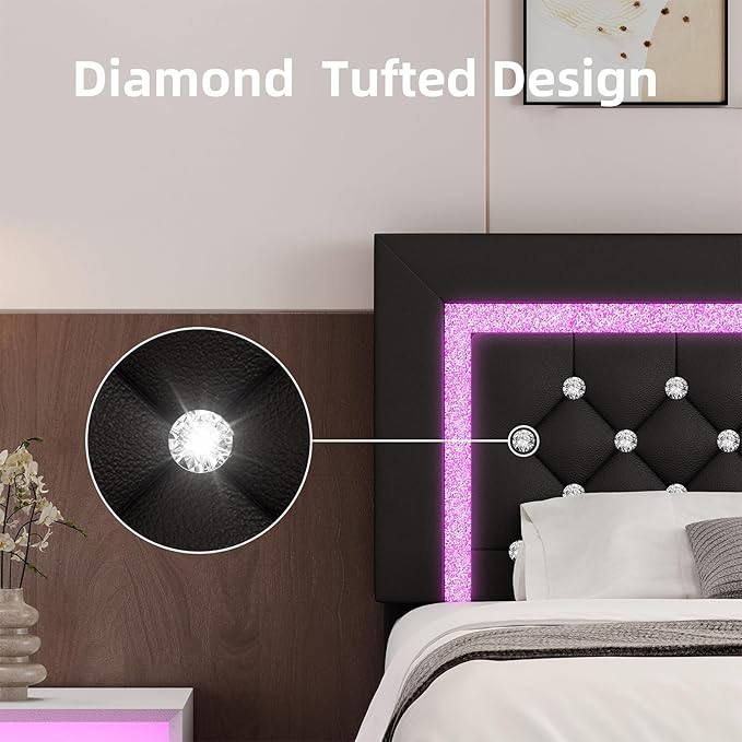 BarnFurin Twin Bed Frame with LED Lights, Upholstered Platform Bed with Diamond Tufted Headboard, No Box Spring Needed, Noise Free, Easy Assembly, Black