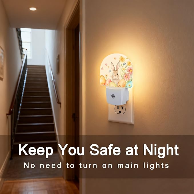 Easter Bunny Floral Eggs Night Light,Dusk-to-Dawn Auto Sensor Easter Rabbit Plug in Night Light for Kids,0.5W Energy Saving LED NightLights for Bedroom/Bathroom,Ideal Gifts for Women Men