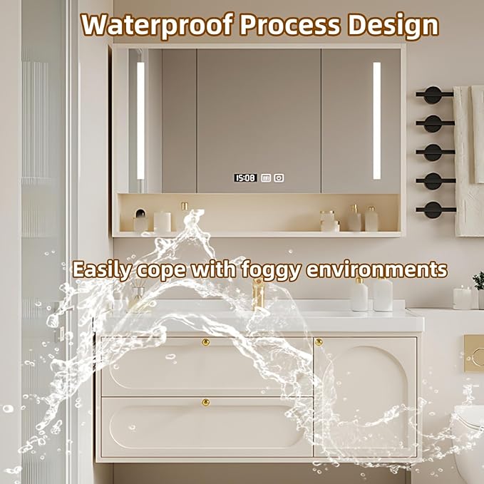 36IN Creamy White Floating Bathroom Vanities - Bathroom Vanity with Open Style Storage Shelf | Intelligent Mirror with Time Display has Defogging & Lighting, Water Blocking Edge, 2 Drawers (Style B)