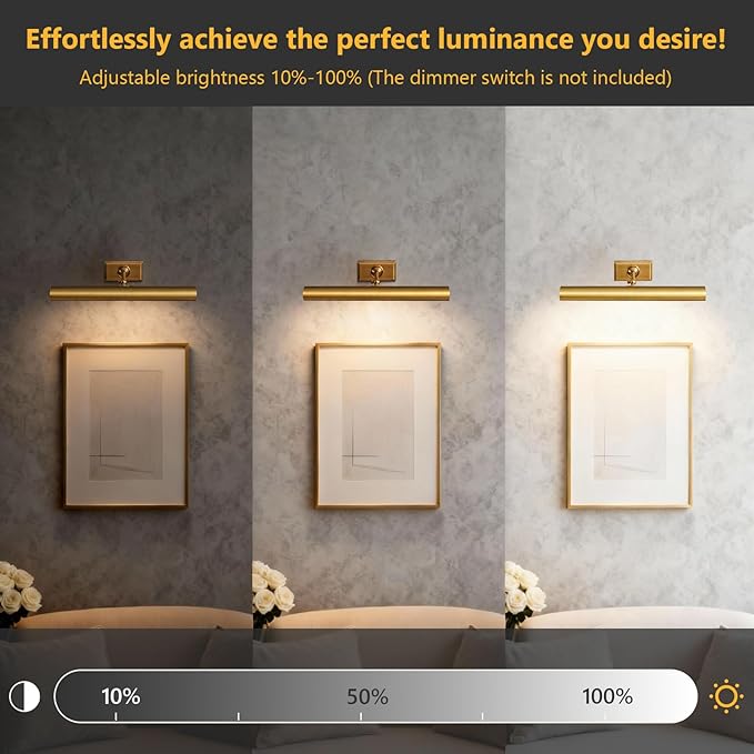18" Picture Lights for Wall Brass Picture Lights Hardwired Gold Dimmable Gallery Art Light, Rotatable 270° Wall Light for Pictures Art Deco Linear Lights for Library, Museum, 2 Bulbs Included