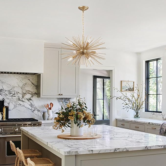 24" Modern Golden Sputnik Chandelier Vintage 9-Lights Geometric Starburst Chandelier Light Fixture Gold Solid Metal Sputnik Chandeliers for Dining Room, Kitchen, Bedroom, Living Room, E12