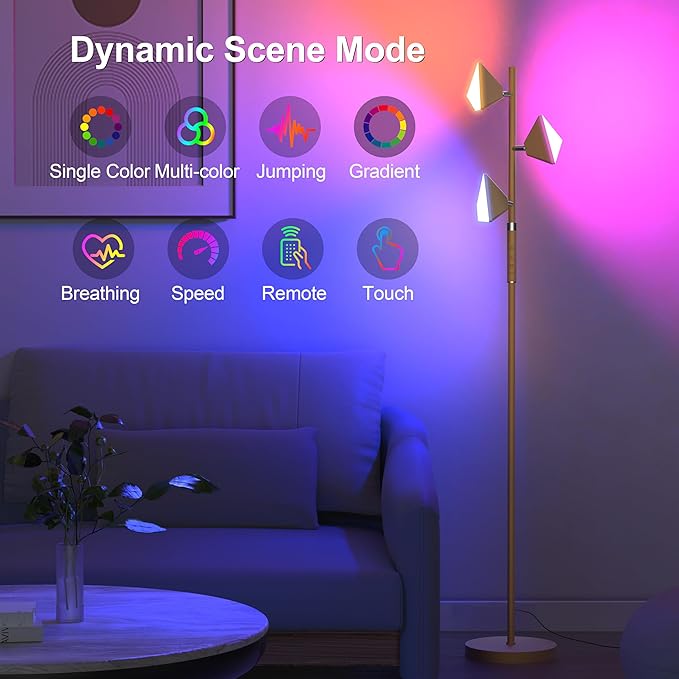 PARTPHONER RGB Tree Floor Lamp for Living Room, Stepless Dimmable Tall Standing Lamp with Remote, Touch Control and 3 Rotatable Light, Bright LED Lights for Bedroom with 4 Color-Changing, Gold