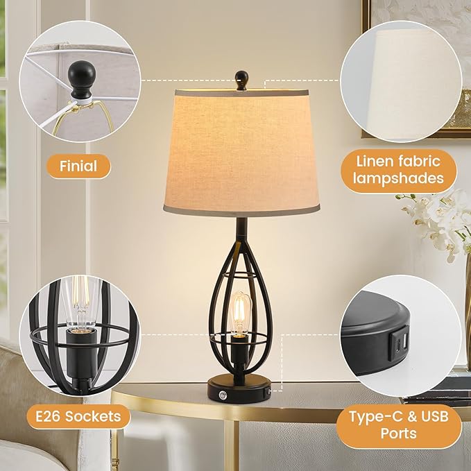 27.8" Farmhouse Table Lamps for Living Room Set of 2, Rustic Nightstand Lamps for Bedroom End Tables with USB Ports, 3-Way Dimmable Touch Industrial Bedside Lamps, Bulbs Included(Black)