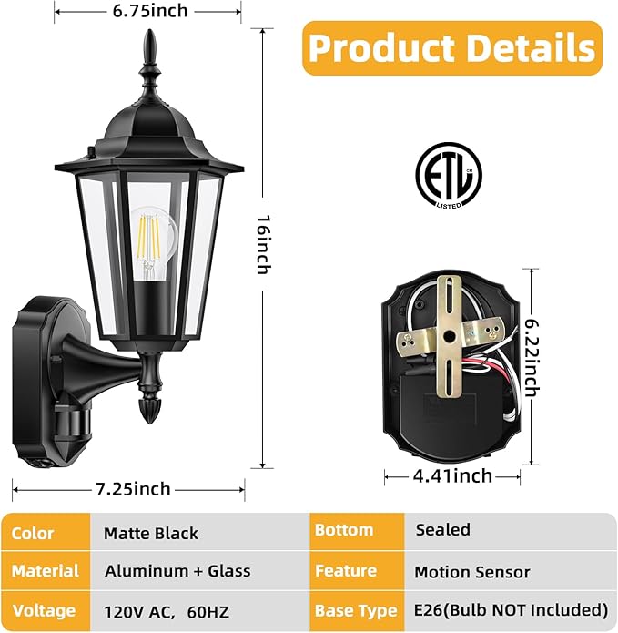 Lamomo Motion Sensor Outdoor Lights, Upgrade Dusk to Dawn Exterior Light Fixture Wall Mounted, 100% Anti-Rust Aluminum Waterproof Porch Lights for Patio Front Door Garage