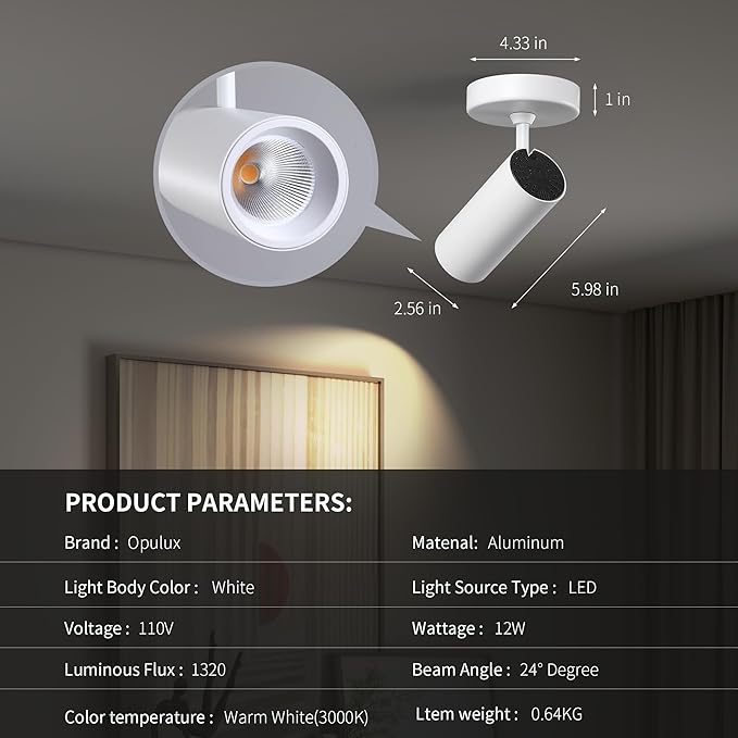 12W LED Monopoint Ceiling Spotlight Indoor - Adjustable Surface Accent Lamp for Corridor, Warm White 3000K, CRI 97 Anti-Glare Picture Painting Spot Light Fixtures, White