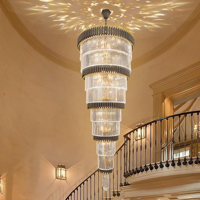 Extra Large 9-Tier Black and Gold Chandelier Long Staircase Chandeliers Luxury Empire Crystal Chandelier Lighting for High Ceiling Foyer Entryway Grand Hotel Lobby 31-Light H84 x W40