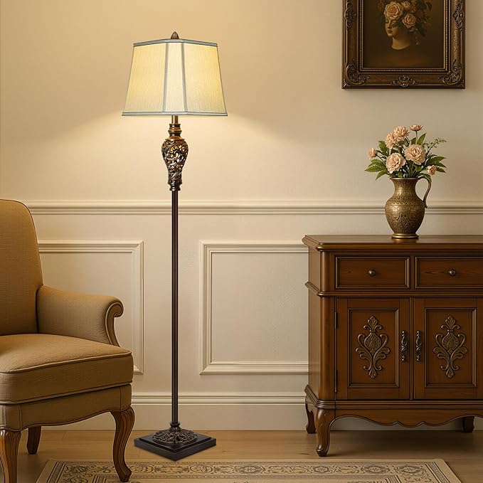 Vintage Floor Lamp with Night Light, 65" Retro Standing Lamp with Brown Finish and Beige Faux Silk Shade, Farmhouse Industrial Design Tall Lamp for Living Room Bedroom Bedside Corner (Bulb Included)
