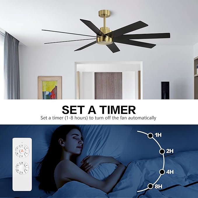 WINGBO 60" Large DC Ceiling Fans without Lights, 3 Downrods, 8 Plywood Blades, 6-Speeds Reversible DC Motor, Indoor Ceiling Fan No Lights for Bedroom Living Room Patio, Brass and Black